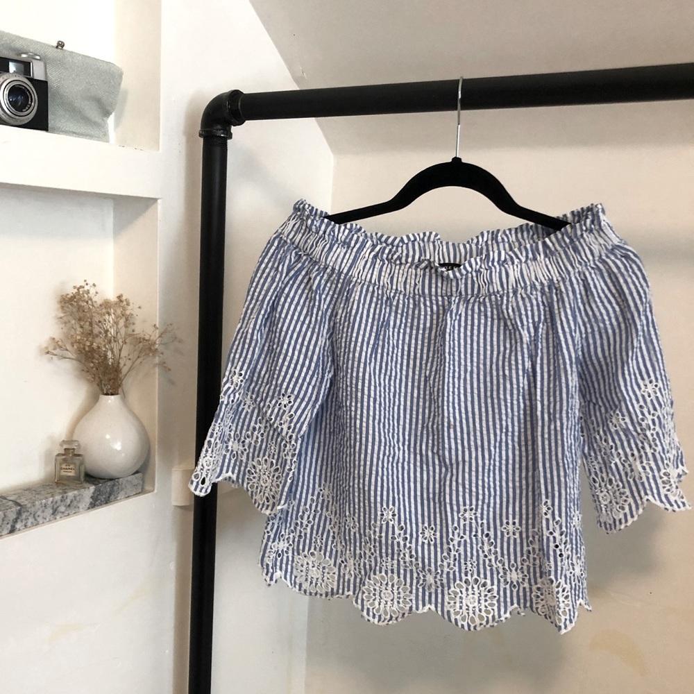 Blue and White Seersucker Off the Shoulder Shirt